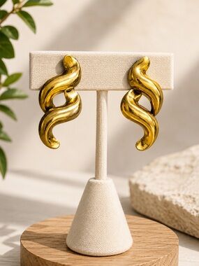 Vintage Gold Tone Abstract Sculptural Dangle Earrings Modernist Statement 2.5”